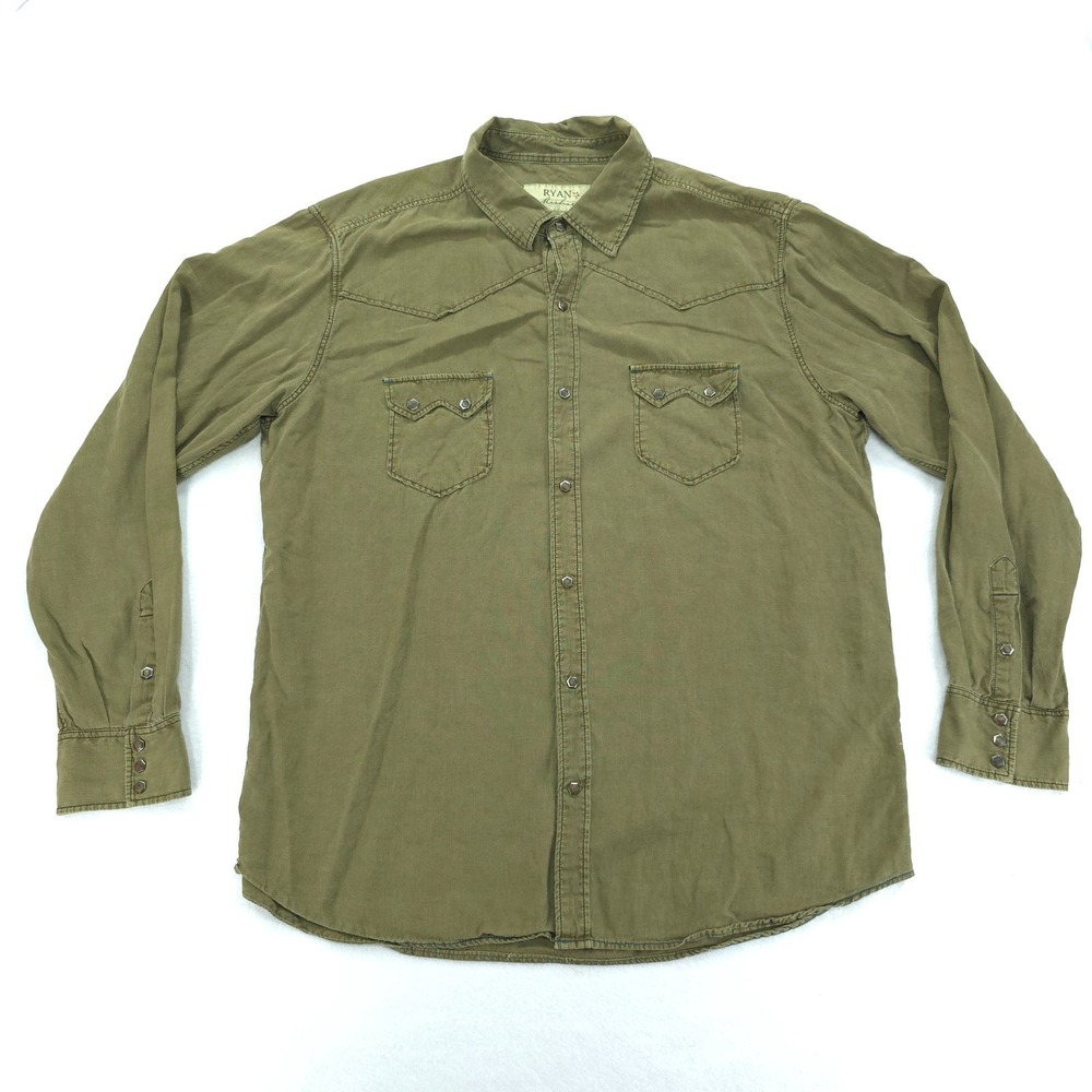 Ryan Michael Shirt Mens 2XL Green Silk Linen Western Snap Pearl Embroidery Ranch